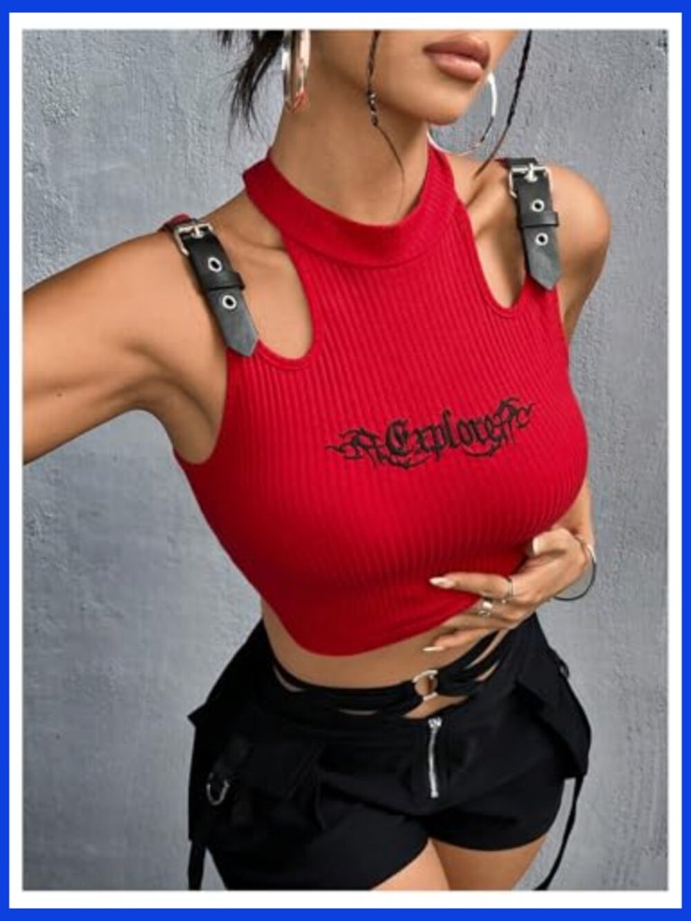 Y2K Buckle Strap Crop Tank Letter Print Sleeveless Ribbed Knit Clubwear Top - Picture 5 of 5